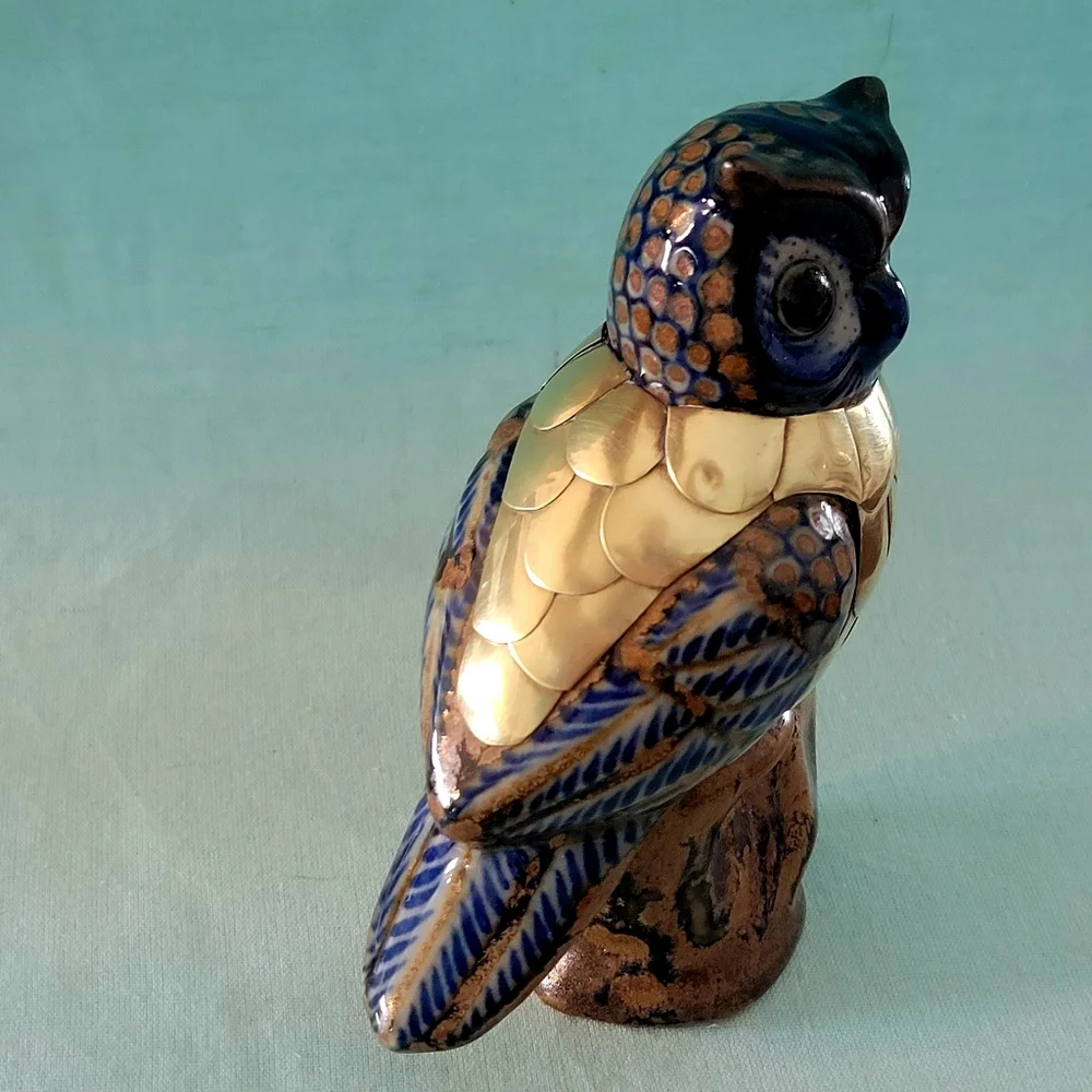 Vintage,Brass, and Ceramic Figurine Blue and Gold Owl Figurine